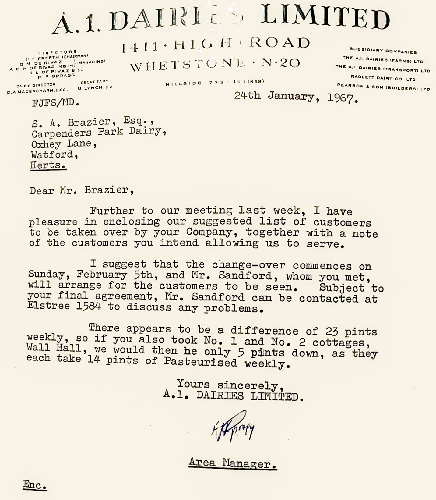 1967 A1 Dairies and Braziers rounds swap correspondence. Paul Luke comments "Communication between local dairies organising rounds swaps in the early days" (Courtesy Paul Luke, Braziers Dairies FB)