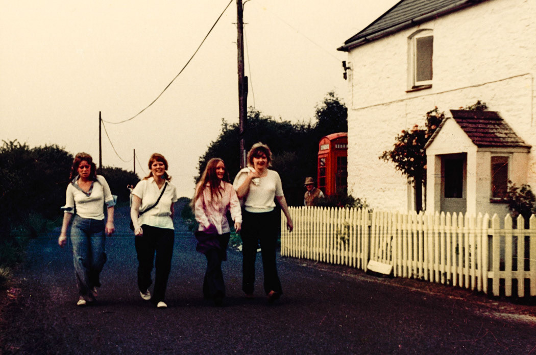 1972-3  "Jacky, Myra, sister, Georgina". Ann Worrall identifies Jackie Ford, Myra (Skudra), Christine &amp; Georgina. Sharon Davies comments "It was a sponsored walk, I remember this..." Janice Davies adds They are walking by Pennerley Post Office." (Courtesy Joe Lyons)