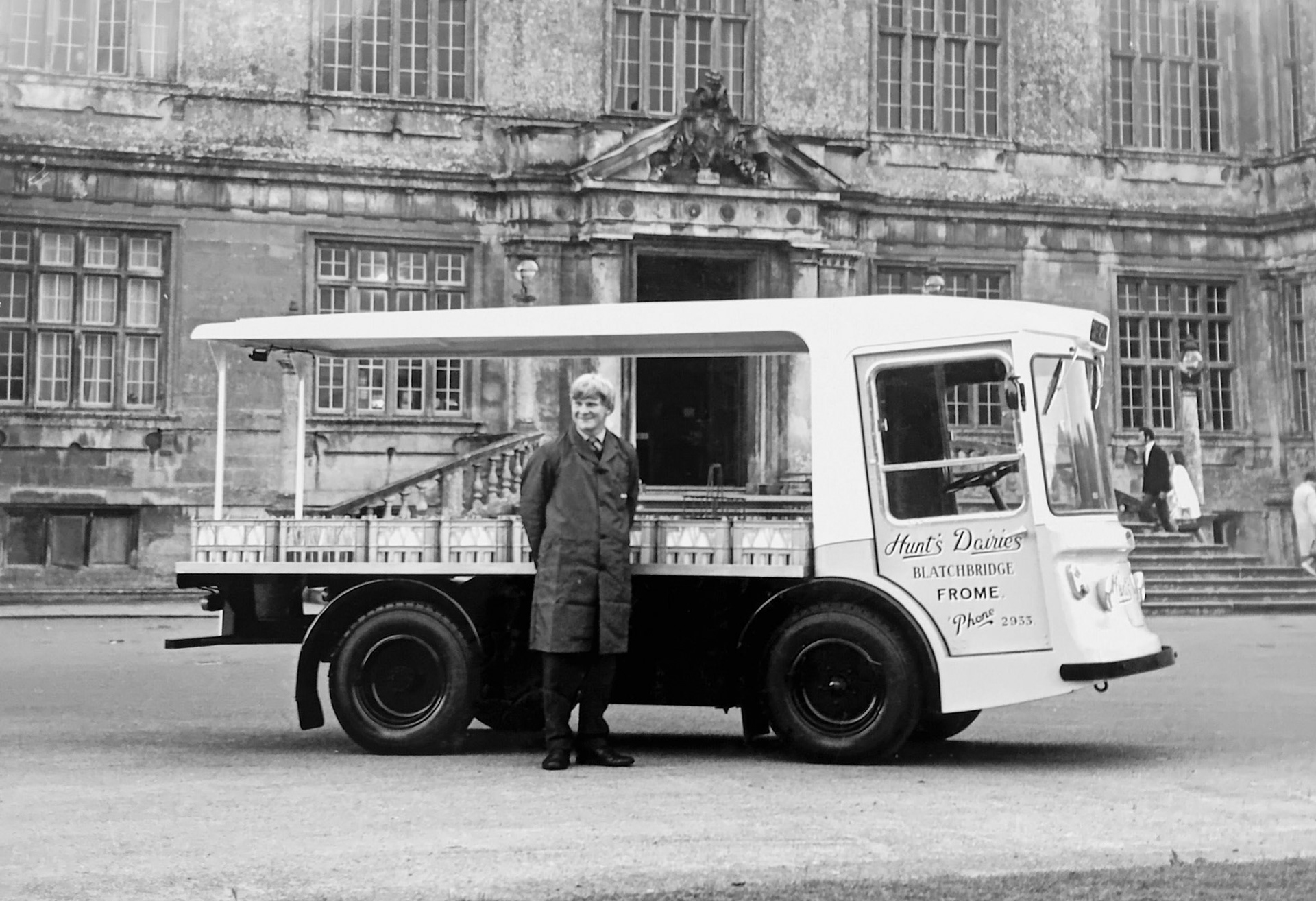 1971 Jeremy Pike comments "This is me at Longleat for some promotional photos for Morrison Electricars. It was salmon pink with indigo blue coach line and writing, I painted many vans at Hunt's Frome depot, also vans from other Hunt's depots - a very satisfying job.". (Courtesy Jeremy Pike)