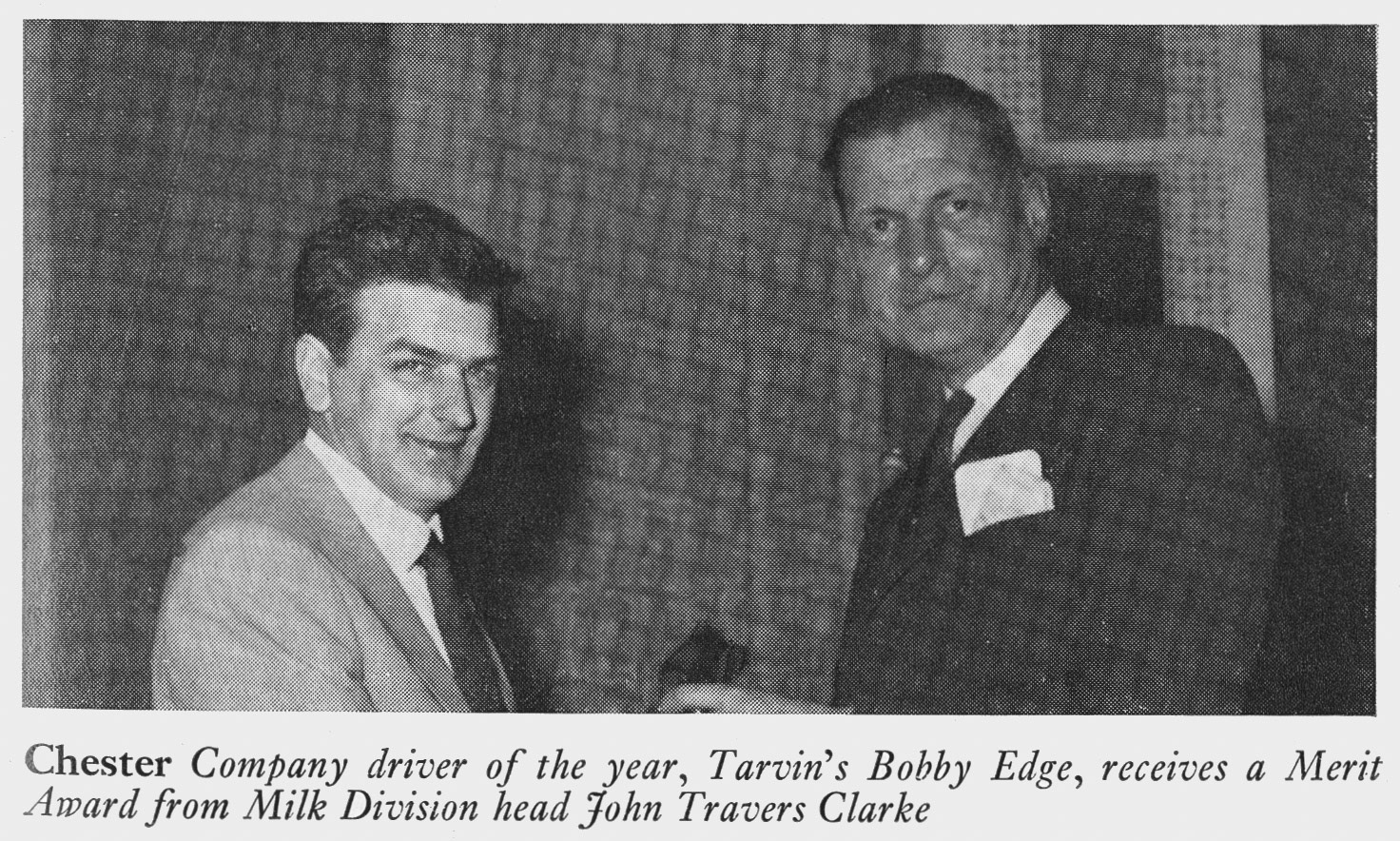 1972 Bobby Edge from Tarvin was Company driver of the year, with John Travers Clarke at Chester Merit and Service Dinner.(Express News Summer)