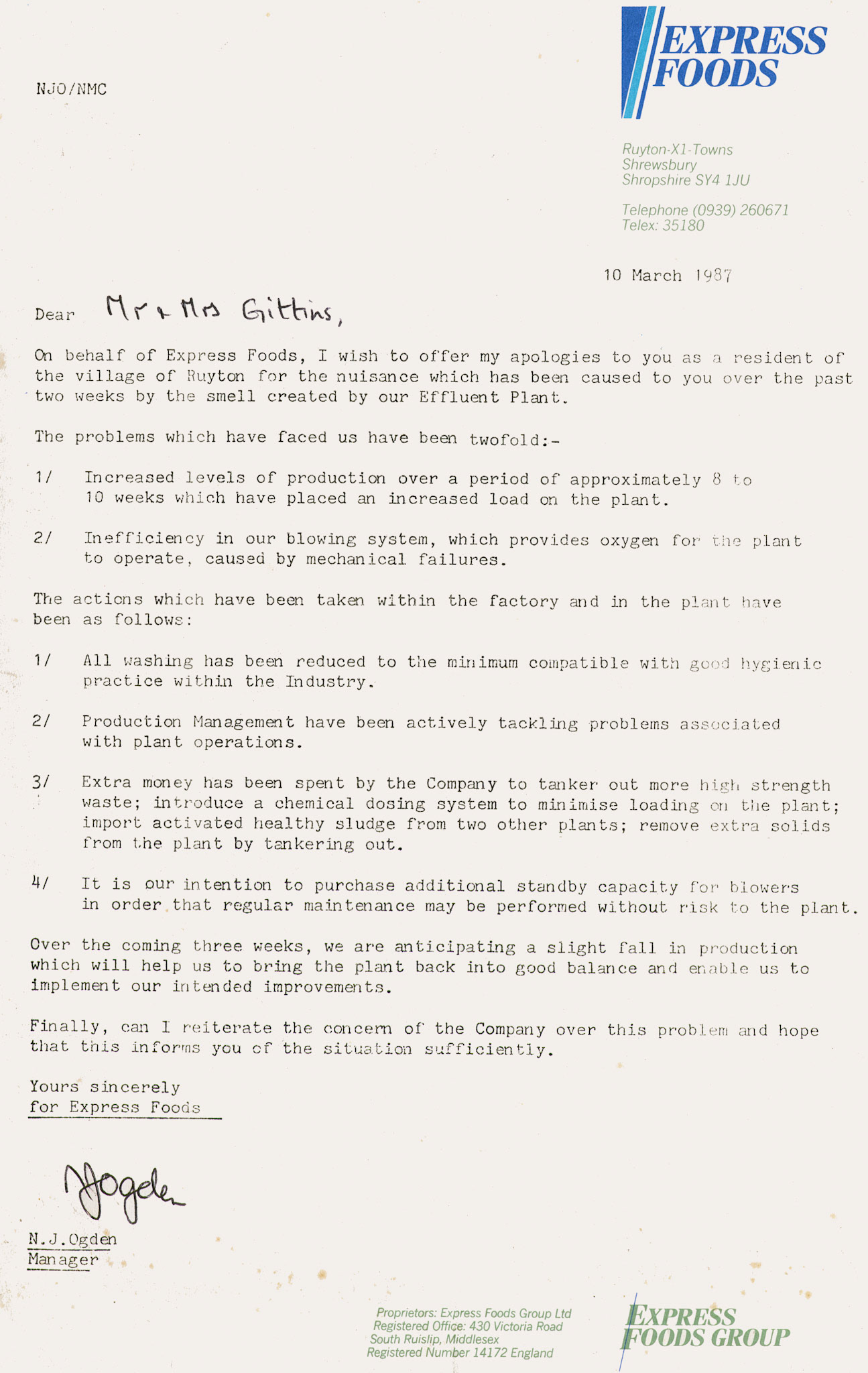 1987 letter to Mr and Mrs Gittins from N.J. Ogden, Express Foods Ruyton Creamery Manager, apologising for two weeks of smell from the effluent plant. (Ruyton Co-operative Dairies Archive)