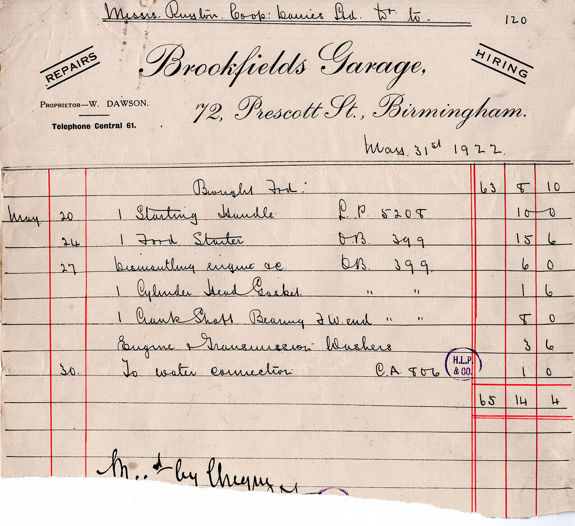 1922 Invoices for vehicle servicing and repair from Brookfields Garage, Birmingham.