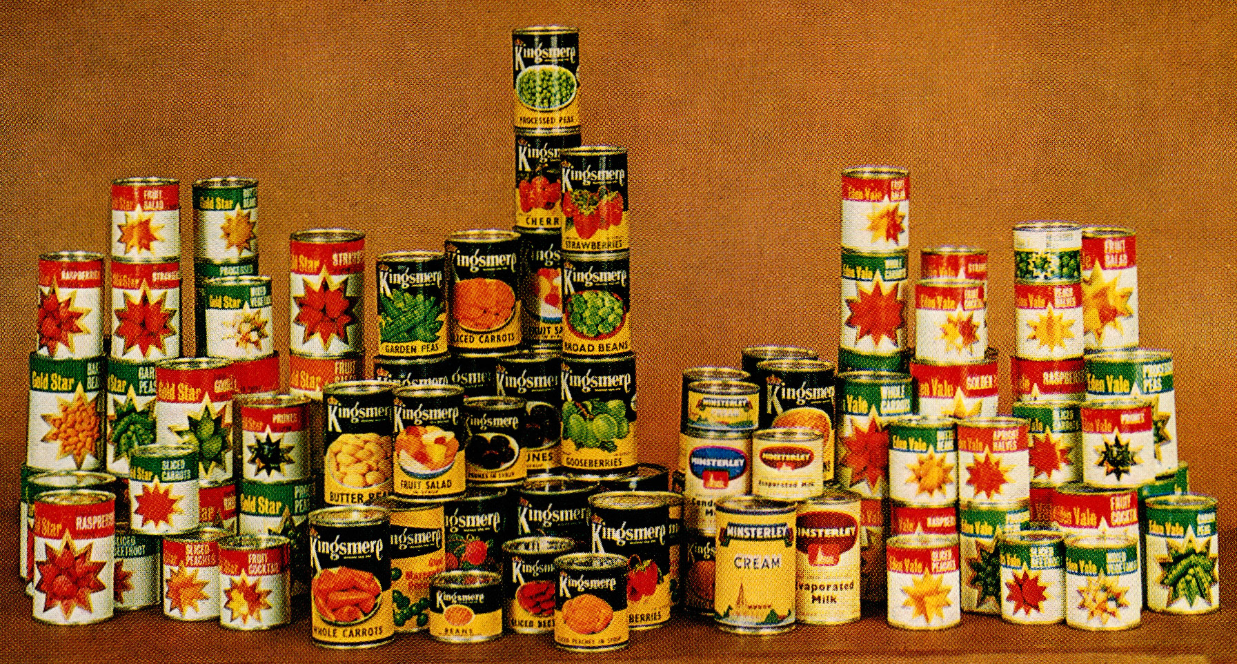 1962 Minsterley canned cream and evaporated milk with Goldhanger Fruit Farms canned vegetables and fruit