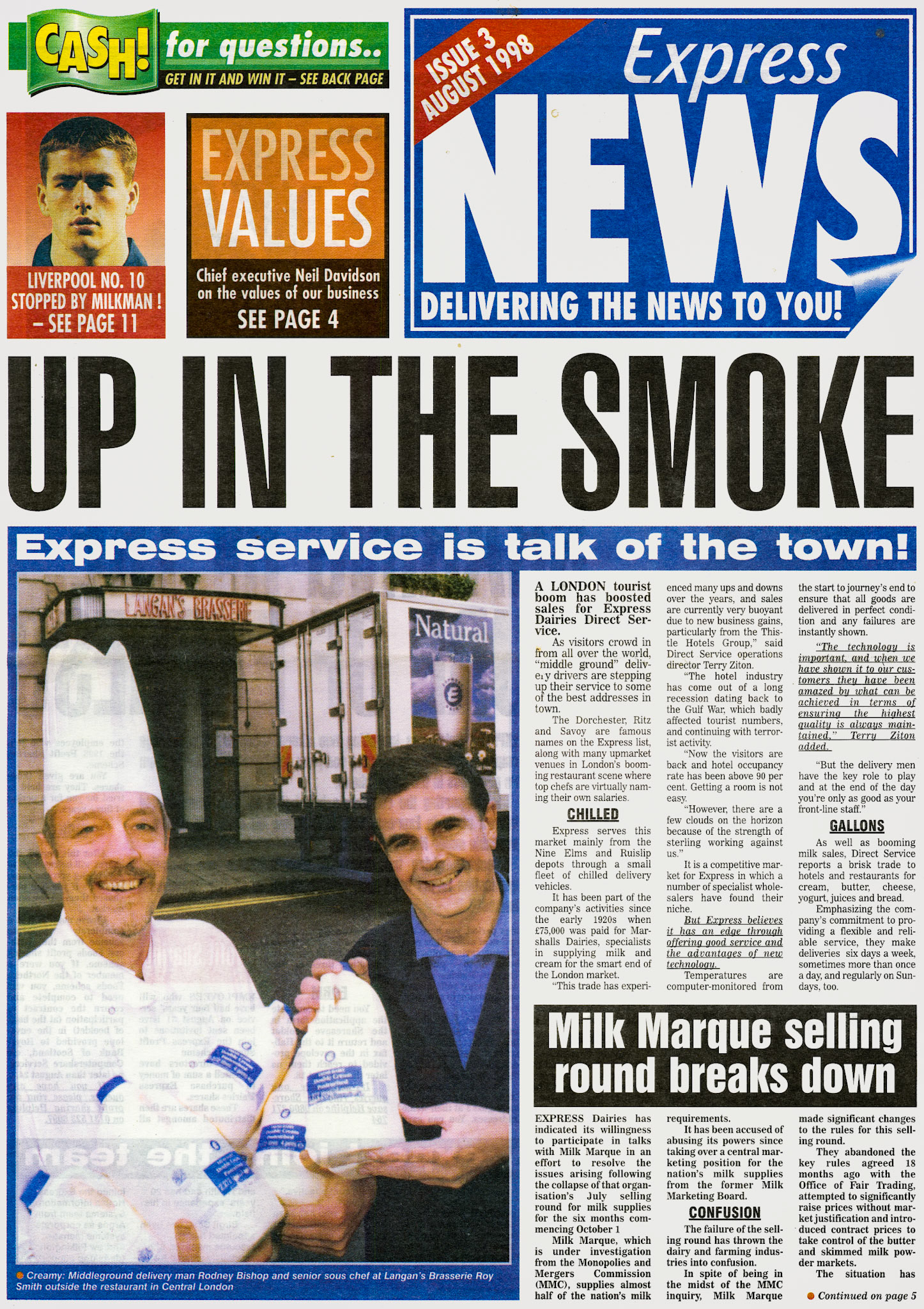 1998 August-Express News Front Cover - features on Express Dairies Direct and Milk Marque talks (Courtesy Mark Hudson)