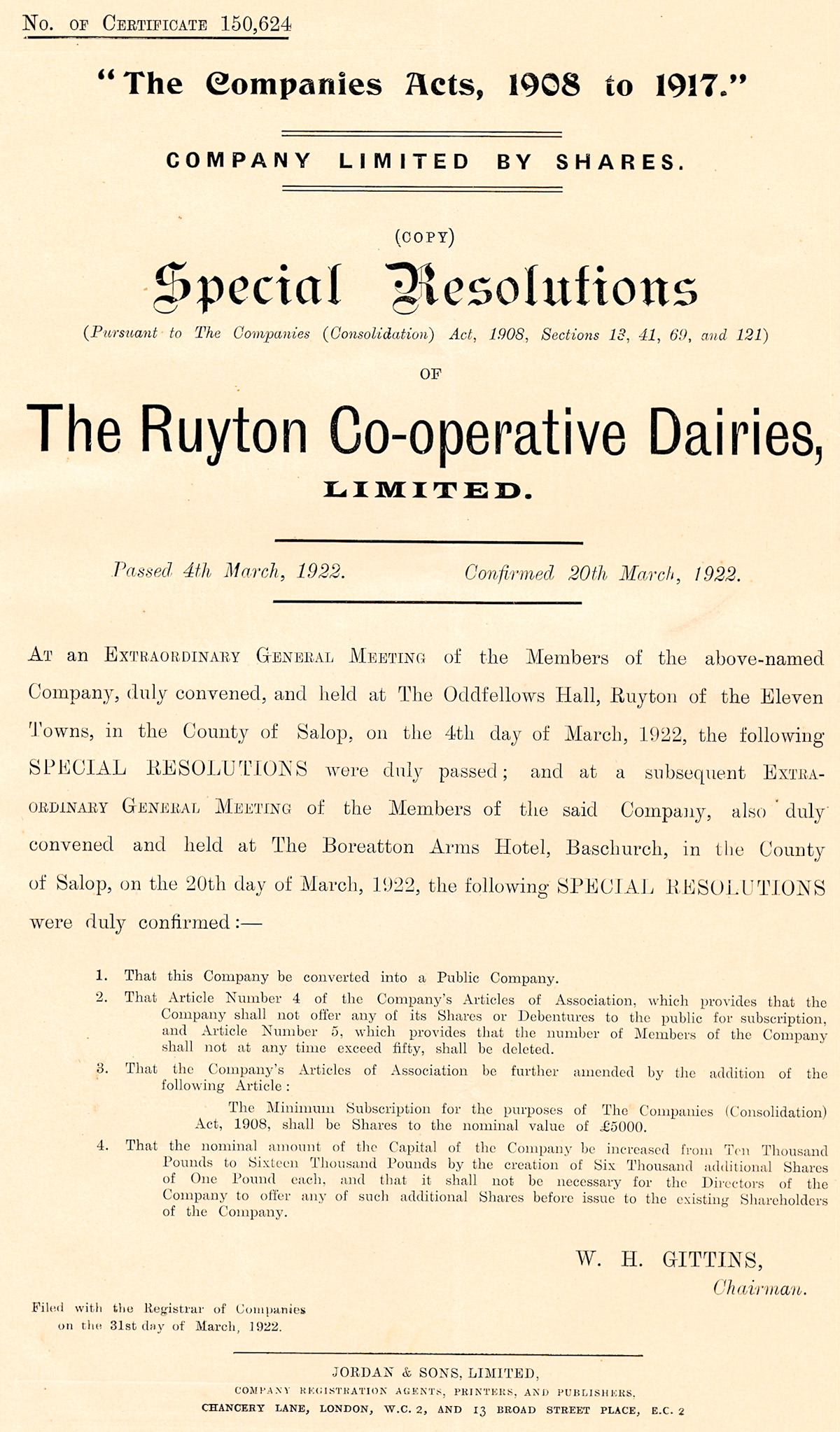 1922 Special Resolutions. Conversion to public company, nominal capital increased from£10,000 to £16,000.