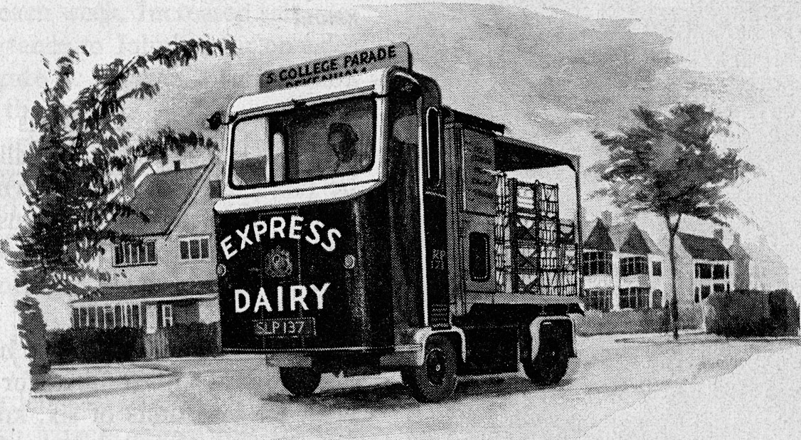 1956 pen &amp; ink drawing from article in Express News about Elmers End retail depot. Chris Austen comments "I started my career with Express in January 1959 and was directed to start at Elmers End. I carried out milk rounds and also worked on milk checking and as a servery hand. The manager was Jack Butt and, a few years later, I was his assistant at South Morden Retail Depot". Paul Batchelor comments "They had a few of those Rider Prams in the depot, all very tightly parked up. They all moved to depots around the area and many had to be replaced as they only had 16 battery cells and couldn’t cover the extra distance required after moving."
