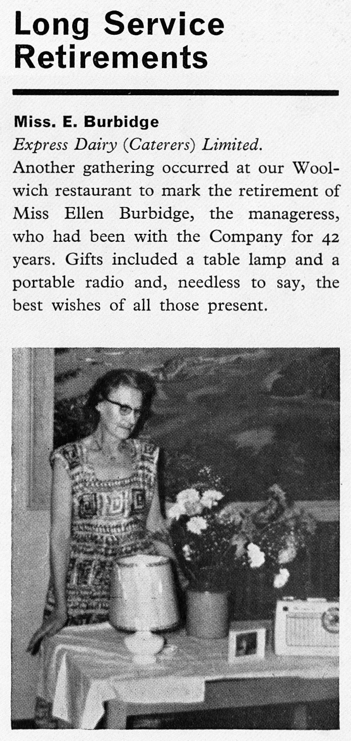 1963 Miss Ellen Burbidge retires as manageress of Woolwich Restaurant after 42 years. (Express News Autumn)