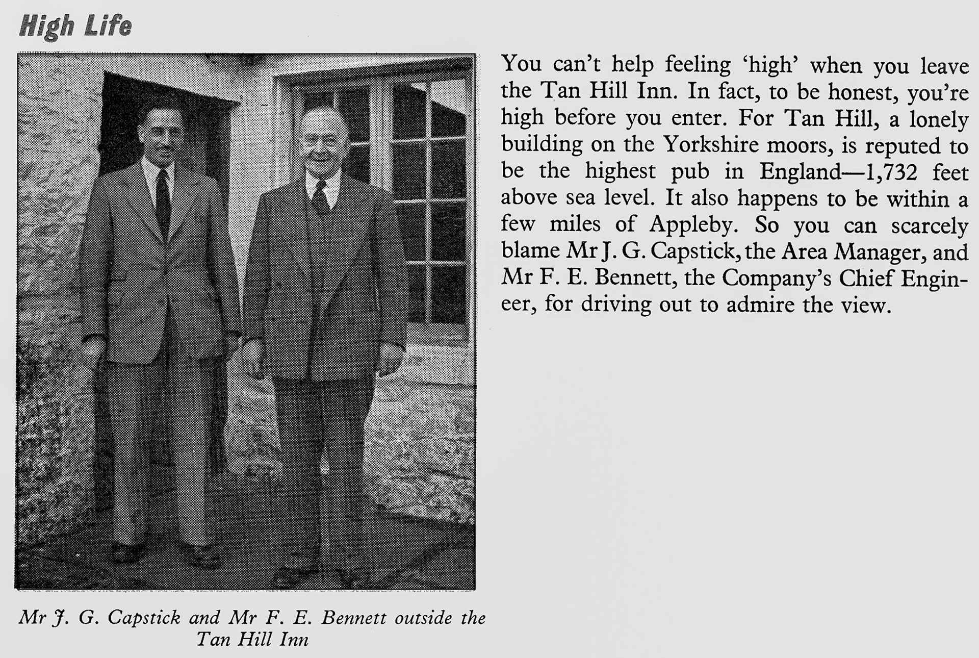 1956 Appleby Manager J.G. Capstick with Express Chief Engineer F.E. Bennett at the Tan Hill Inn in the Yorkshire moors. (Express News April)