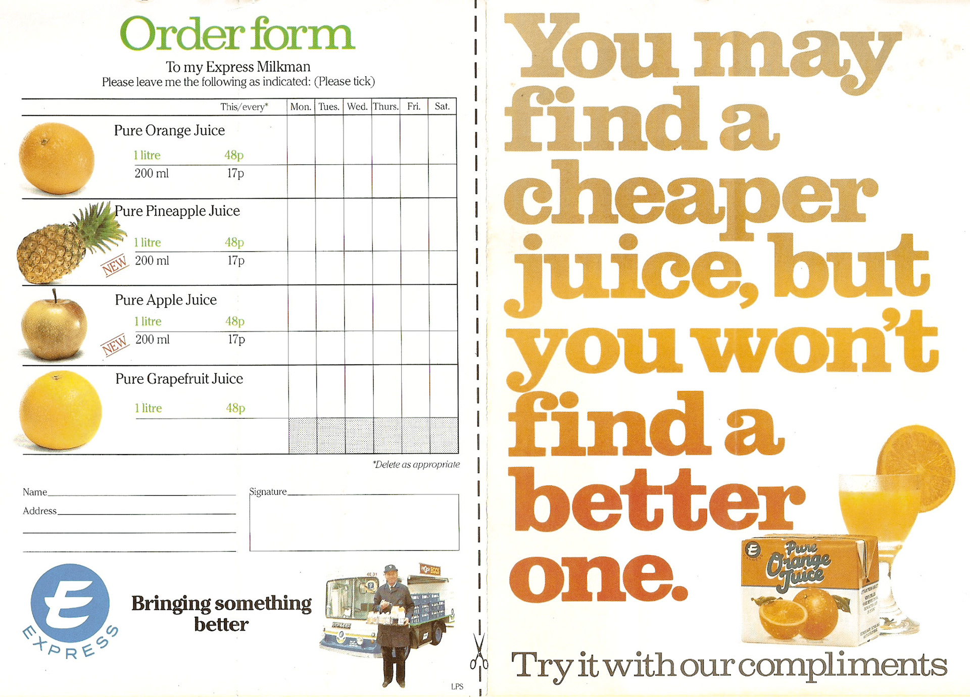 1980's Express Fruit Juices leaflet (Courtesy Paul Luke)