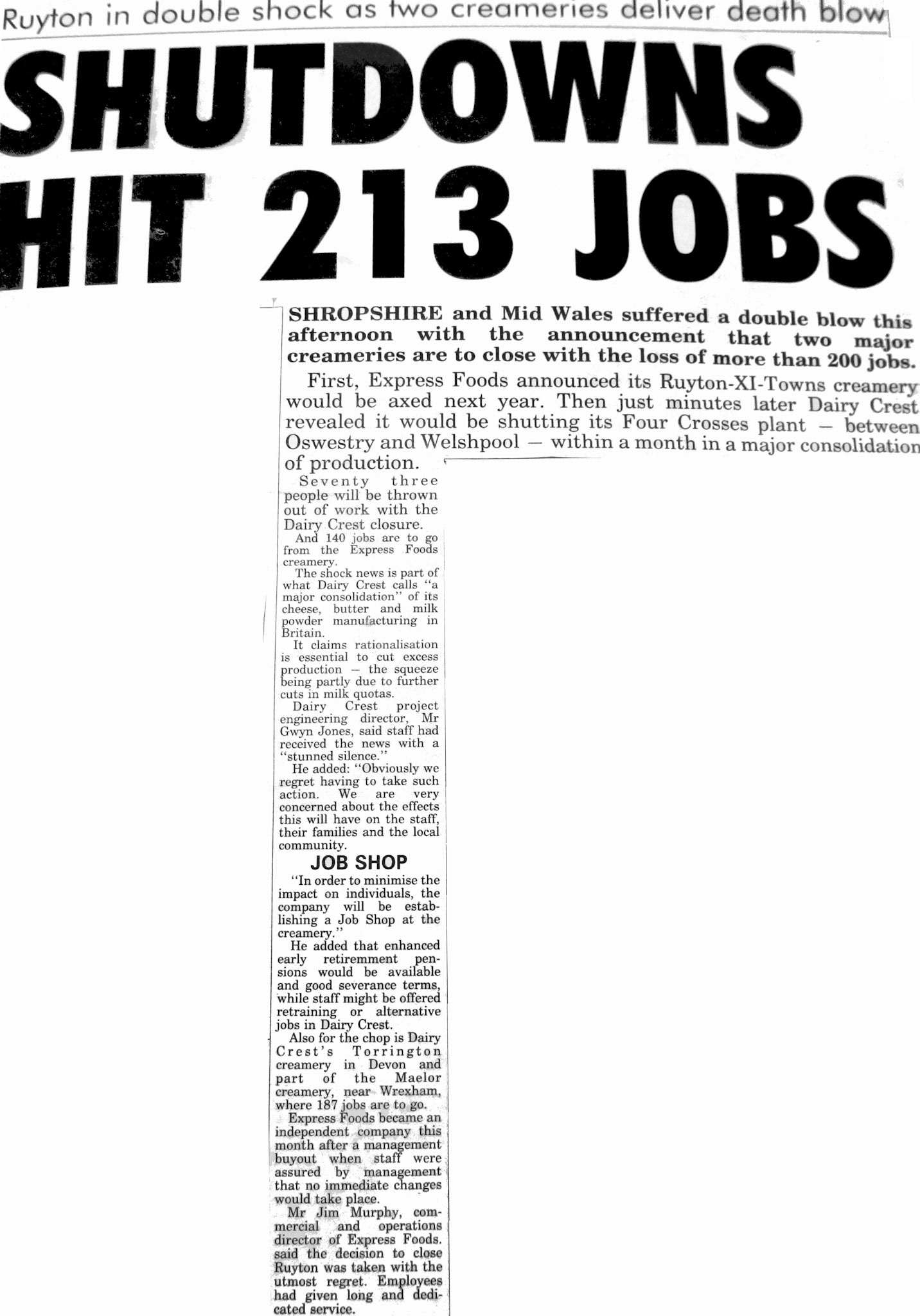 1993 Ruyton Creamery closure announcement. (Courtesy Yoland Brown, Yoland@eleventowns.co.uk, www.eleventowns.uk/history.html)