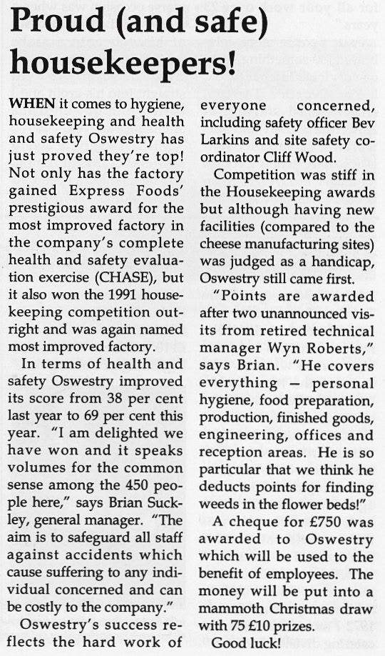 1991 Oswestry wins awards for Safety and Housekeeping