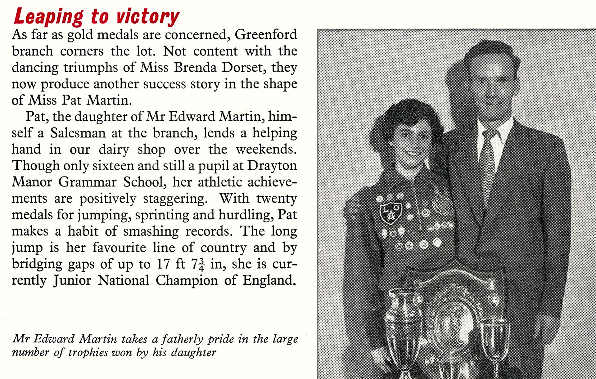 1956 Greenford salesman Edward Martin's daughter Pat is Junior National Athletics champion. (Express News December)