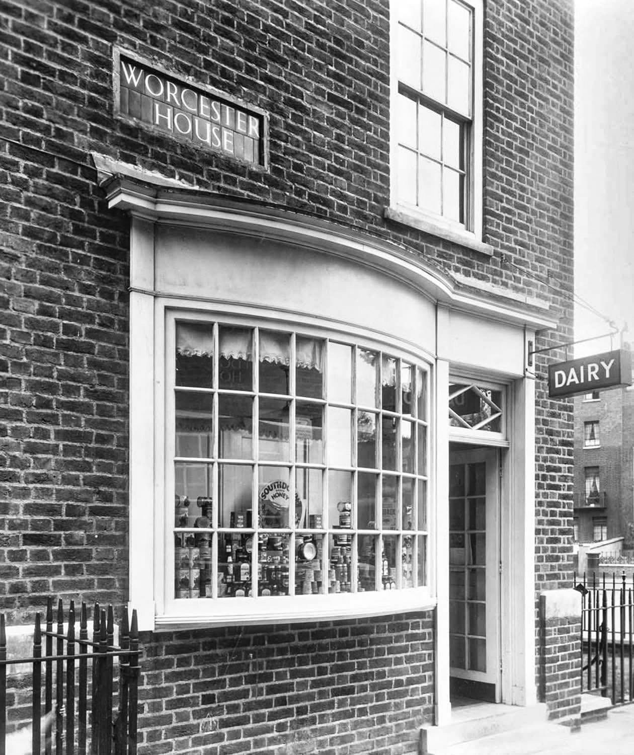 1934 Rowling's Dairy shop at Worcester House, Kennington Road. Jonathan Lingham comments "The dairy, on the China Walk estate, now the Latinos Help Centre. The houses in the background (on Kennington Road) were damaged in the war, and later pulled down. That area was subsequently incorporated into the park that surrounds the Imperial War Museum." (Courtesy Linda Francis)