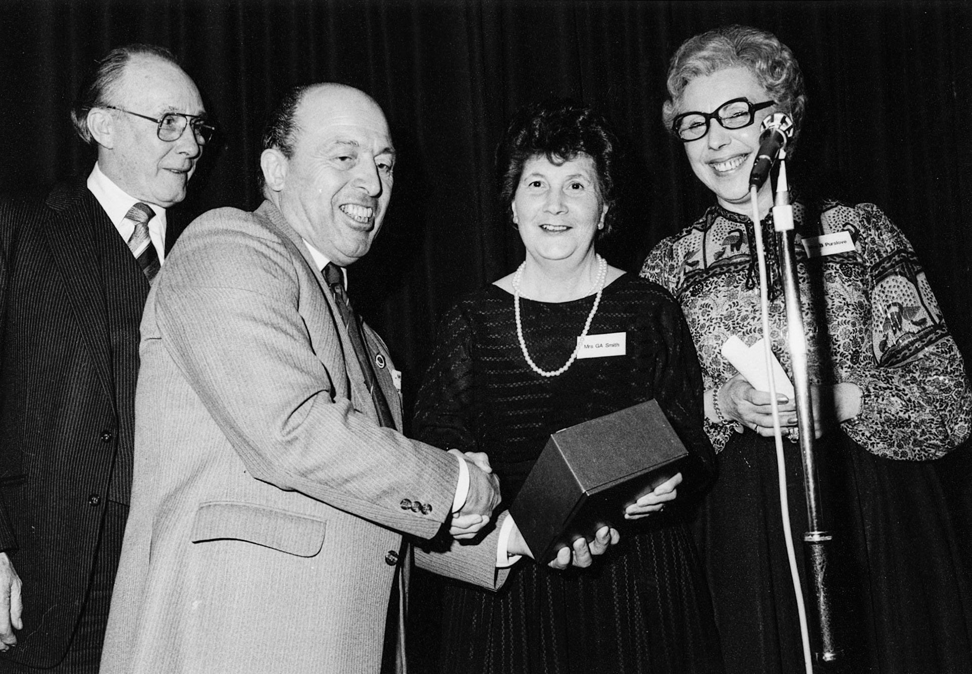 1984 Jean Smith retirement with George Smith, Don Kirby and Beryl Purslove (Courtesy Beryl Purslove)