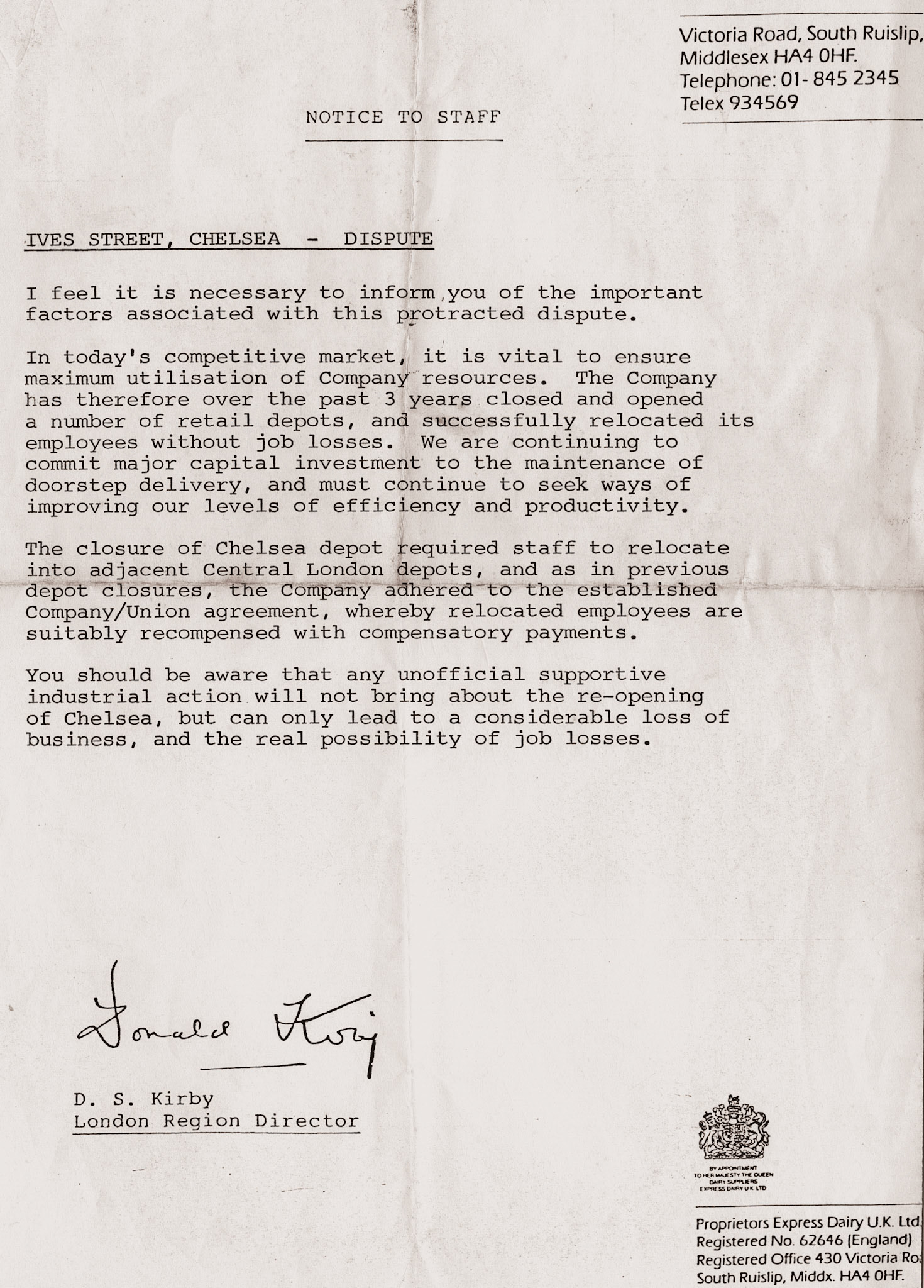 1983 Letter from Don Kirby to Chelsea Depot staff after its closure announcement. Dave Fane comments "We delivered to Chelsea on nights and they finished approx 1984. "(Courtesy Michael Aldread)