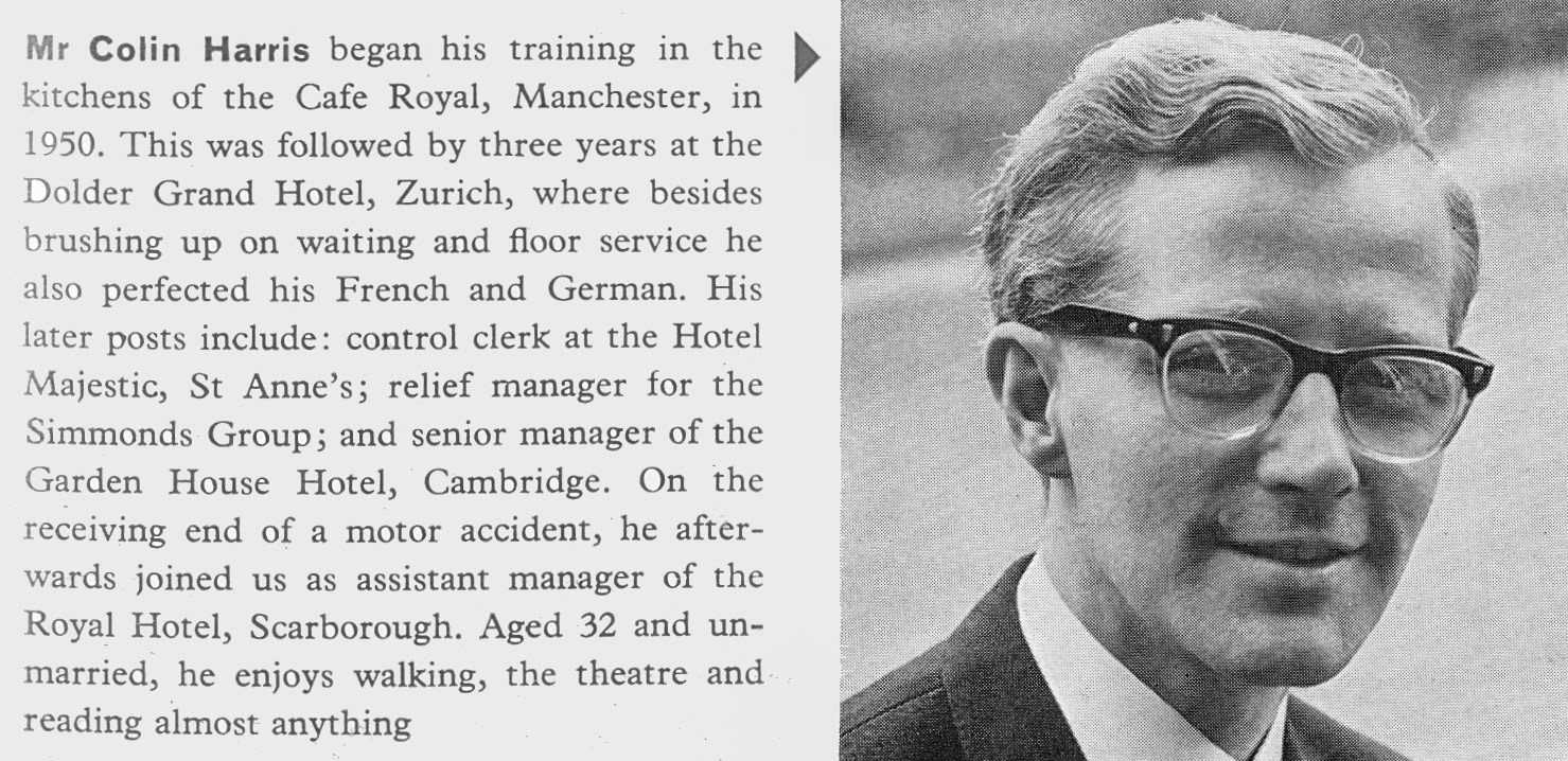 1966 Mr Colin Harris biography on appointment as manager, Brent Bridge Hotel, Hendon. (Express News Summer 1966)