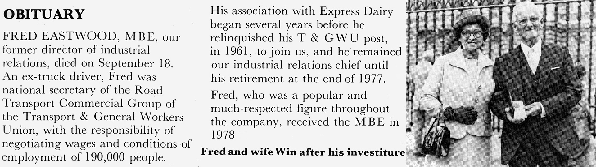 1980 Obituary of Fred Eastwood MBE, previously Express Director of Industrial Relations. (Express News October)