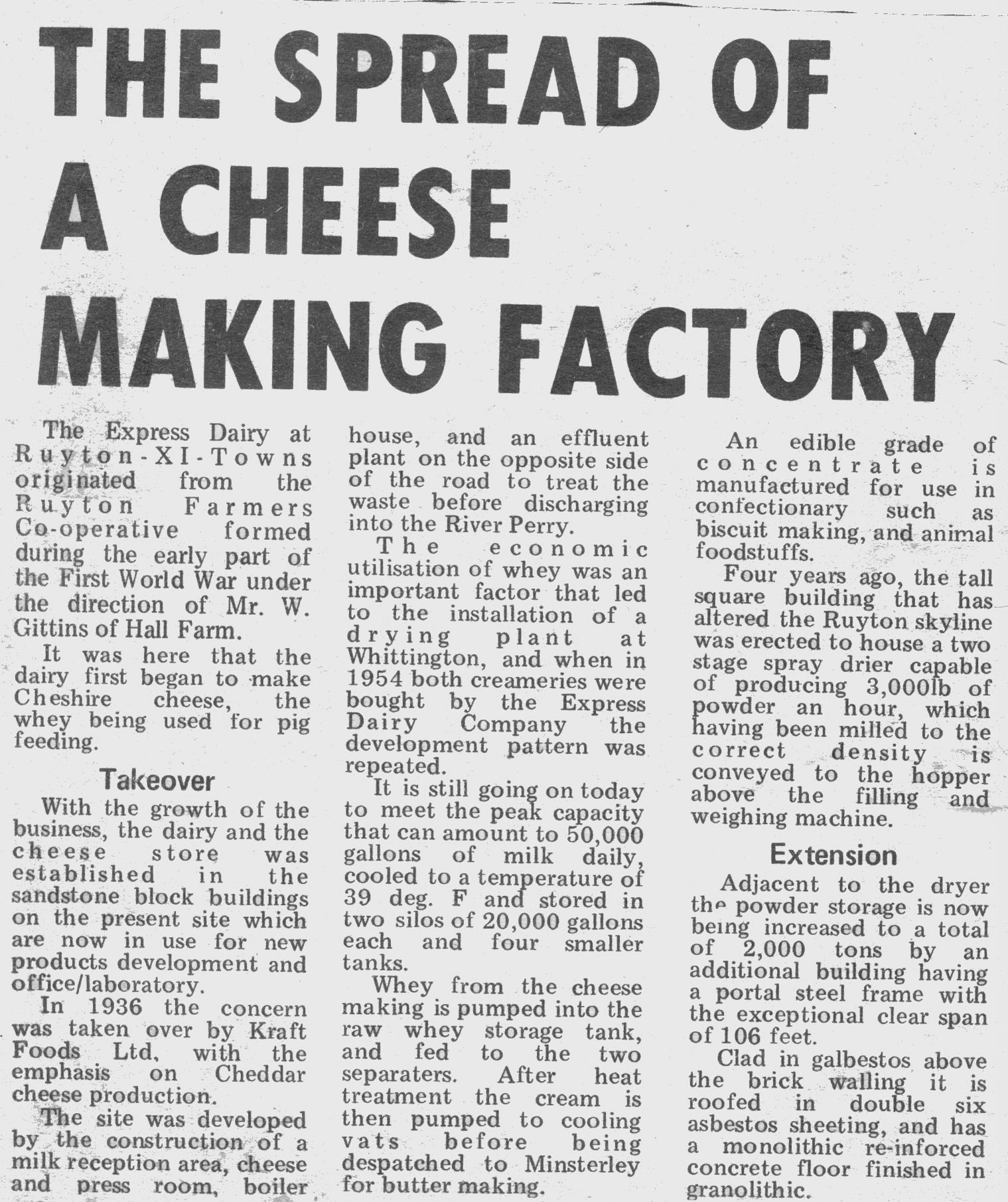 1972 Development of Ruyton Creamery Page 1'' (Courtesy Yoland Brown, Yoland@eleventowns.co.uk, www.eleventowns.uk/history.html)