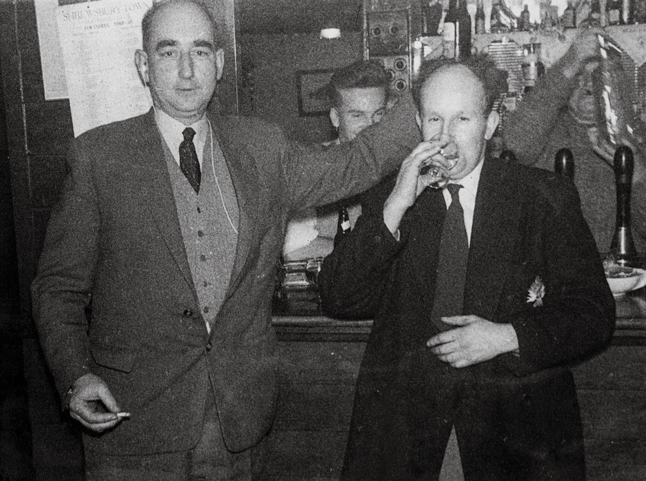 1970's? Retirement party at Minsterley. "Left-Mr Pidwell, engineer before Mr Johnson, Right Joe Lyons, retired October 1985. (Joe Lyons Collection)