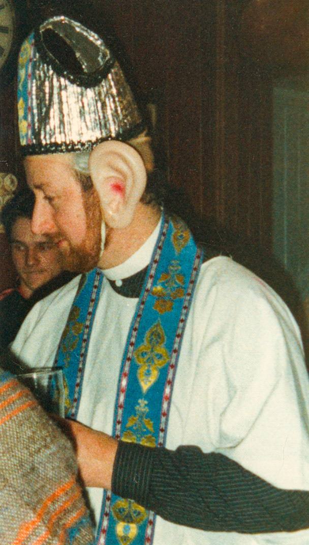 1988 Honiton staff (Stuart Luxton) celebrate the first Red Nose Day, Fountain Head Inn, Branscombe, Devon. (Courtesy Tim Pearce)