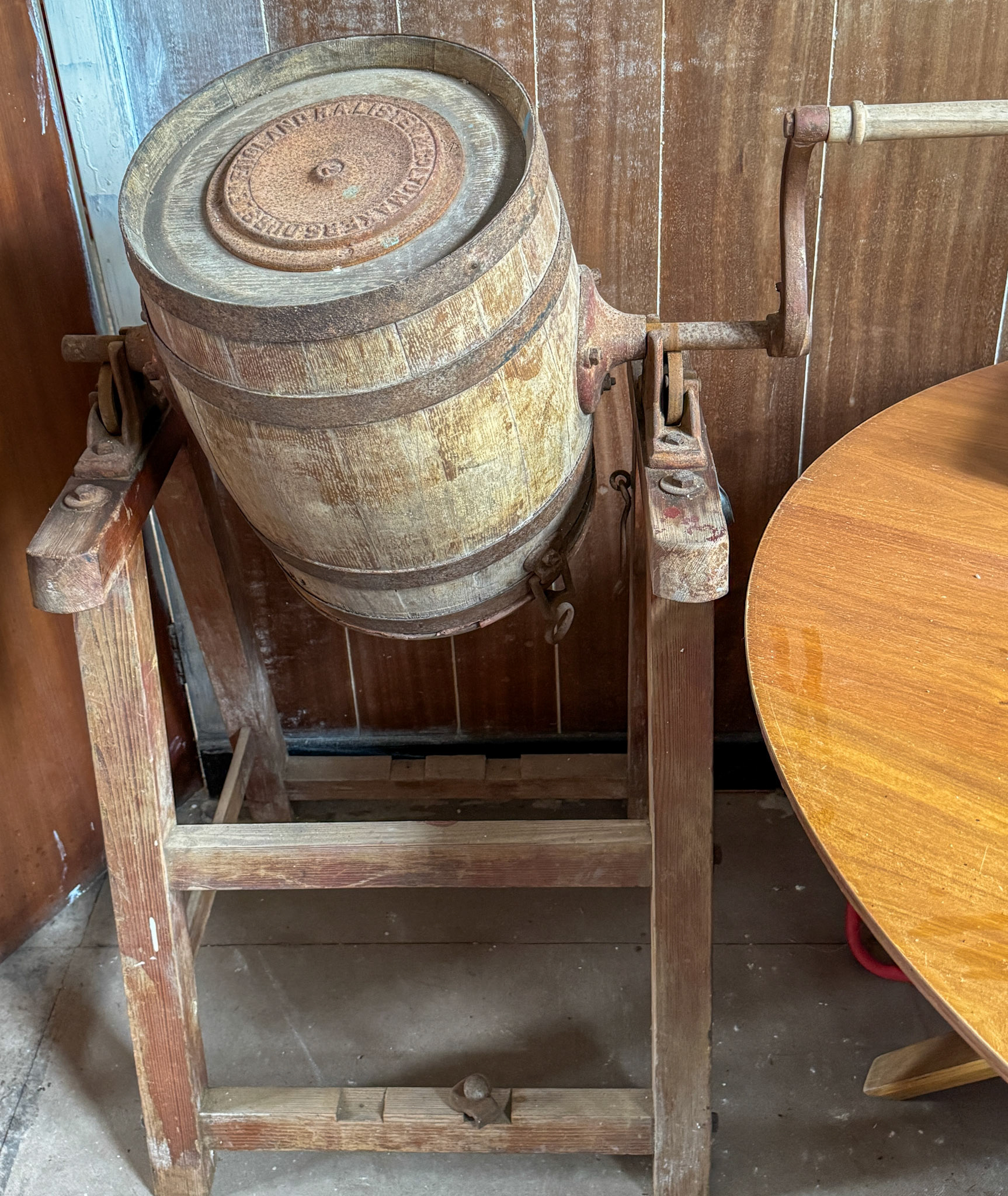 2026, May. Kilmaurs Creamery photos from site visit-hand operated butter churn, inscription reads 'R.A. Lister and Co Ltd Makers Dursley, England-2' . (Photos by Peter Roper, visit by courtesy of Fiona Edgar)