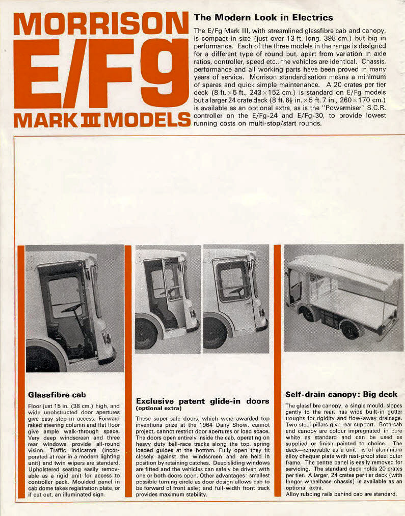 1969 Morrison Electricar E/Fg Mark III Brochure, covers E/Fg-16, -24 and -30 models. Printed October 1969. (Courtesy milkfloats.org.uk)