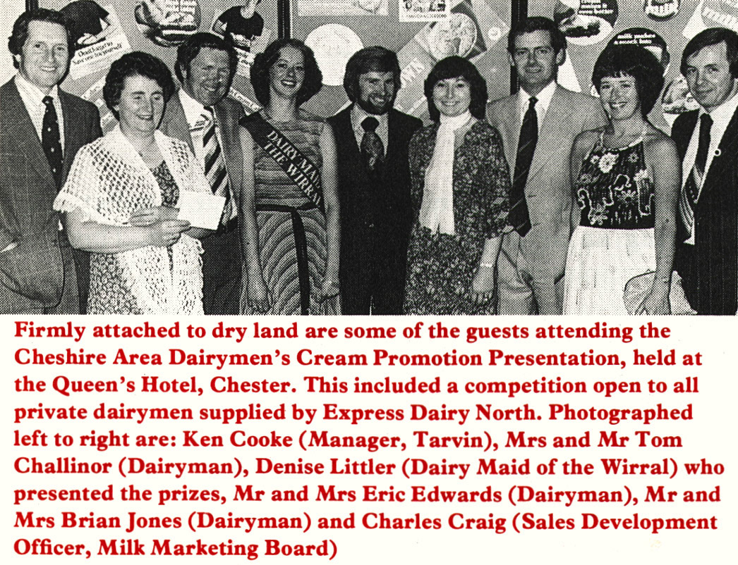 1977 Cheshire Area Cream Promotion, with Ken Cooke, Mr and Mrs Tom Challinor, Denise Littler, Mr and Mrs Eric Edwards, Mr and Mrs Brian Jones and Charles Craig.  (Express News Christmas)