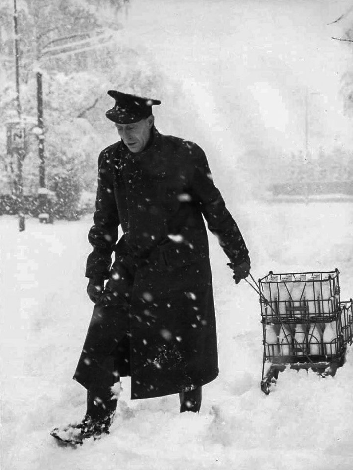 1963 Petts Wood. Gary Sawyer explains "My grandad-Arthur John Hickley (aka 'Long John' /John) delivering milk with a sledge, somewhere in  Orpington/ Petts Wood". My grandad and my dad Bill Sawyer both worked at the Express dairy in Orpington. In earlier days they both worked out of a yard in Petts Wood (my dad at 22 Station Square and my grandad at 103 Queensway, or vice-versa).(Courtesy Gary Sawyer)