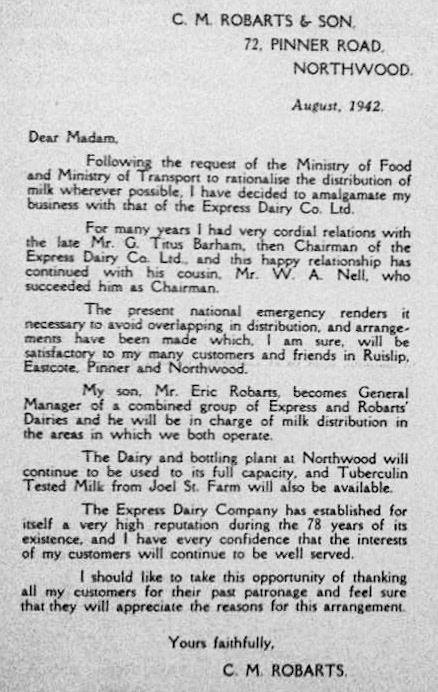 1942 Letter confirming CM Robarts & Son amalgamating with Express Dairy during wartime. (Courtesy Richard Gaylard)