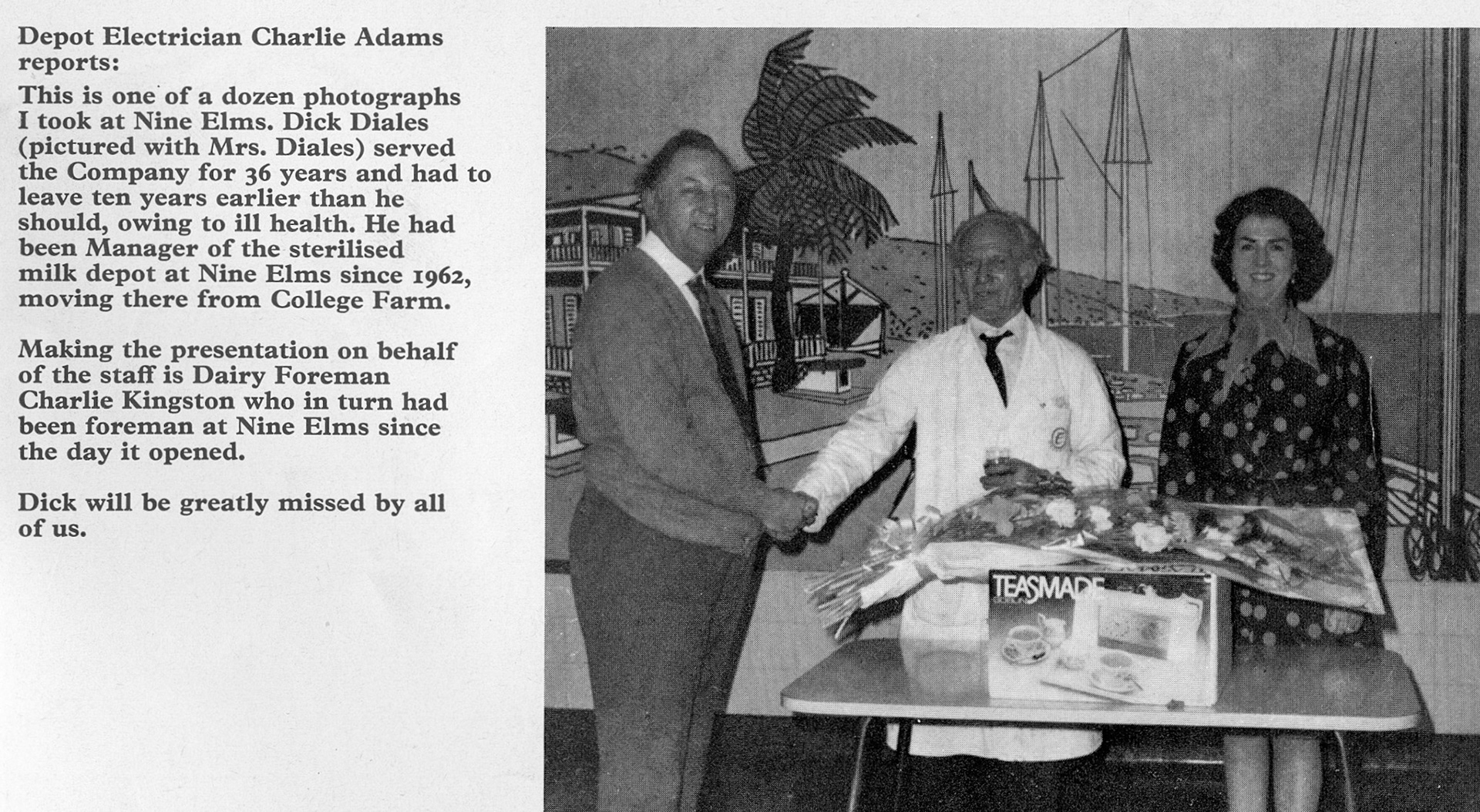 1975 Dick(y) Diales retires after 36 years, pictured with his wife and being presented by Dairy Foreman Charlie Kingston. The Surrey Sterilized Milk Co.,South Lambeth S.W.8. was acquired by Express Dairy around 1960. Chris Austen comments "Dicky Diales had a great sense of humour, and a raft of jokes! His brother, Ted, was a retail depot manager." (Express News Autumn)