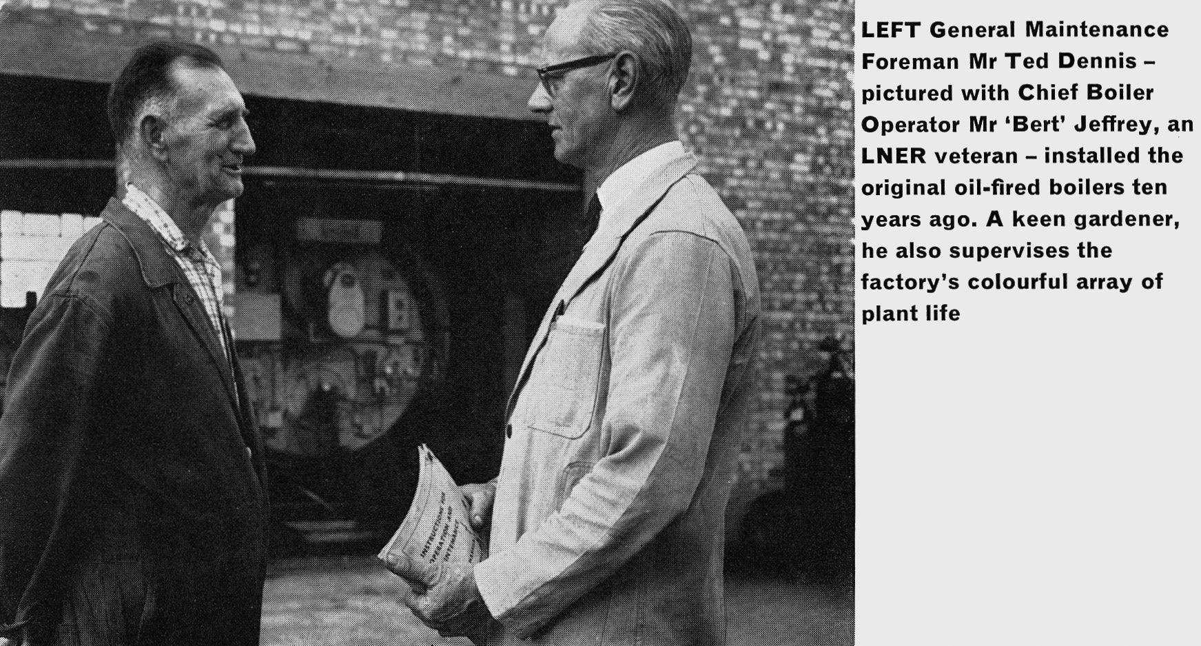 1963 Goldhanger Fruit Farm, Essex. Chief Boiler Operator 'Bert' Jeffrey talks to Maintenance Foreman Ted Dennis. (Express News Autumn)