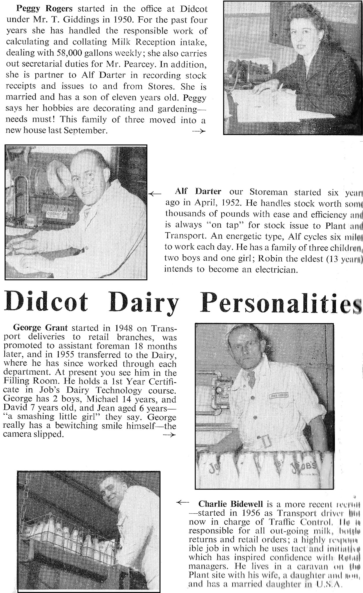 1958 February-'Didcot Dairy Personalities'-Peggy Rogers, Alf Darter, George Grant and Charlie Bidewell. Russell Finch comments "I remember going to George Grant's retirement party in The Social Club-not sure of the exact year but 1982/3 at a guess as I was only 16 as George retired not long after I started. Smashing fella, his son David, known as Willy, was there right up to when we all got made redundant on 22nd August 1987🥲" (Courtesy Book of Job, Roberts Foundation)