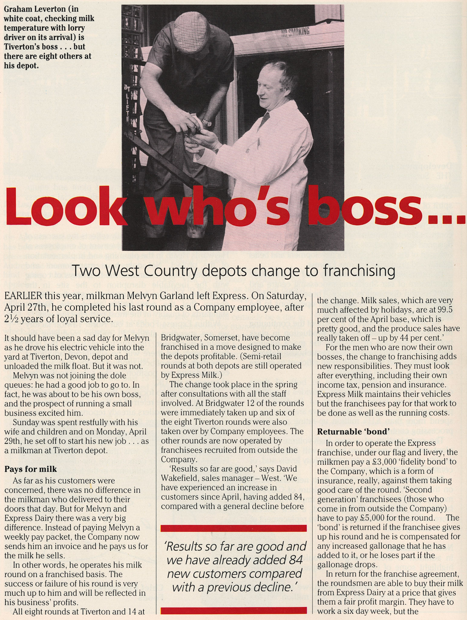 1985 Introduction of franchised milk rounds in Devon. Graham Leverton checks milk temperature at Tiverton Depot