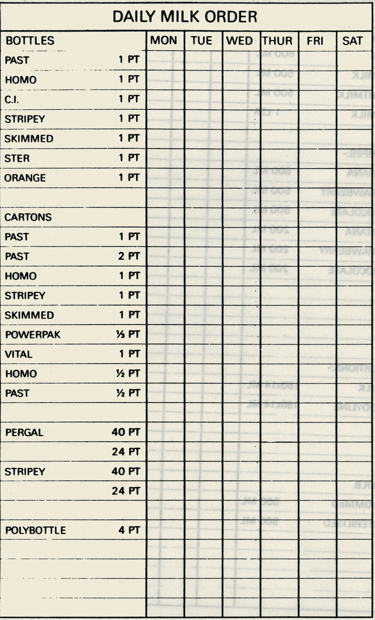 1980's? Daily Order form - Milk #1(Courtesy Michael Aldread)