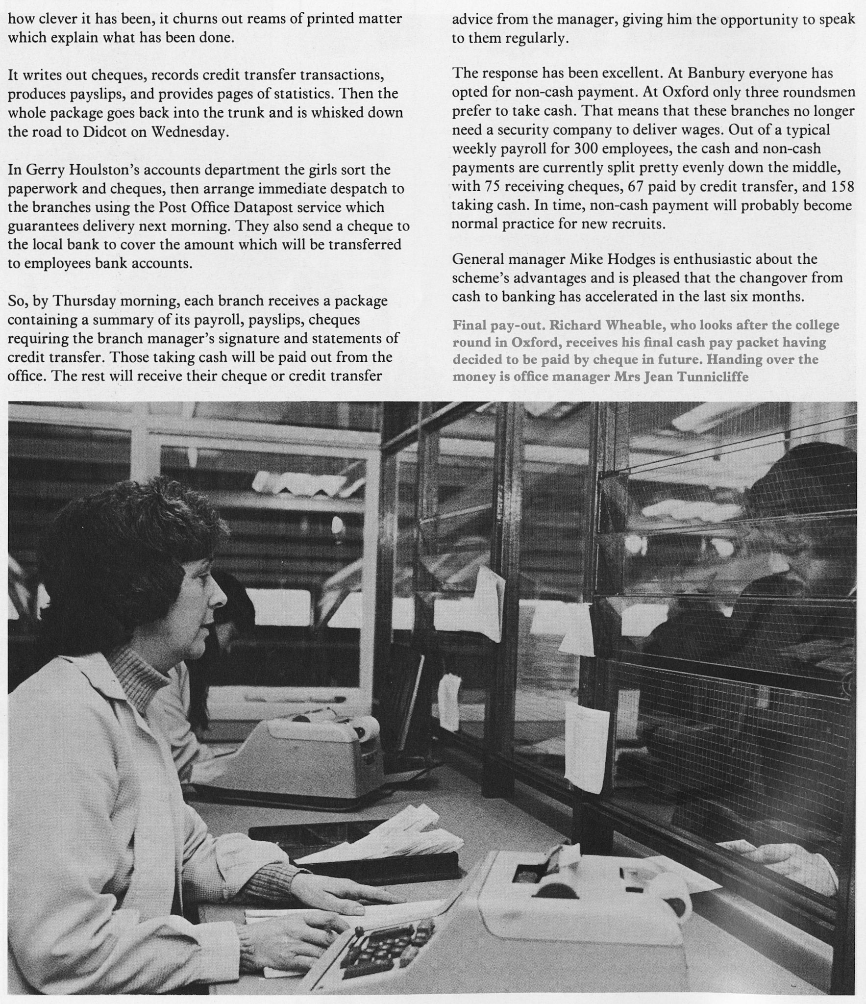 1979 Visit to Didcot to look at progress in changing from cash to bank credit for wages