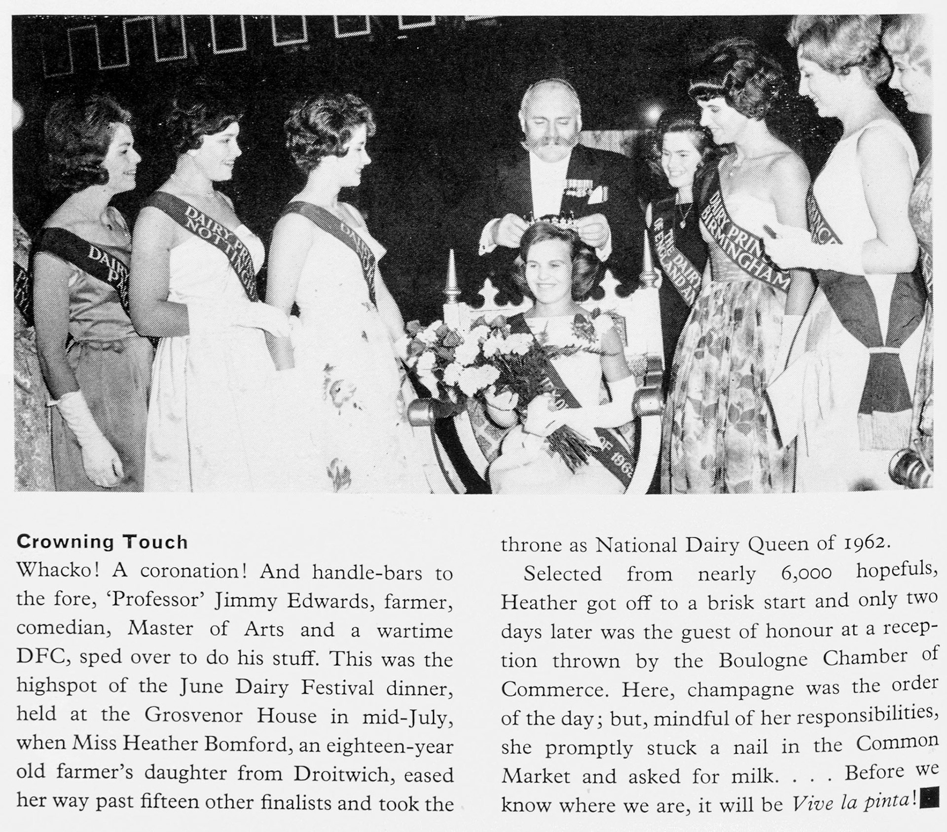 1962 Miss Heather Bomford crowned Dairy Queen by Jimmy Edwards at the Grosvenor House dinner. (Express News Autumn)