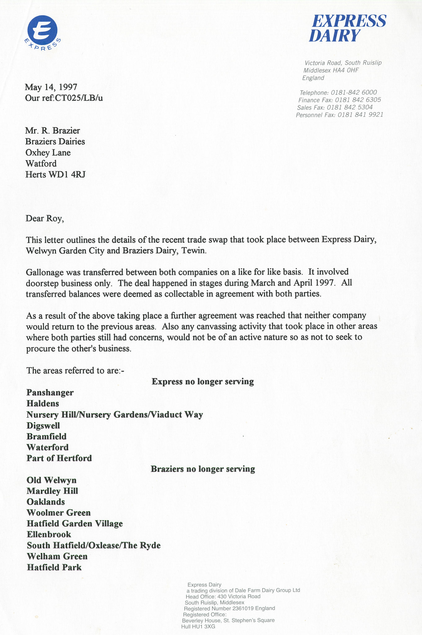 1997 Letter from Express to Brazier's confirming a swap of territory in the Welwyn, Hertford and Hatfield area. (Courtesy Paul Luke)