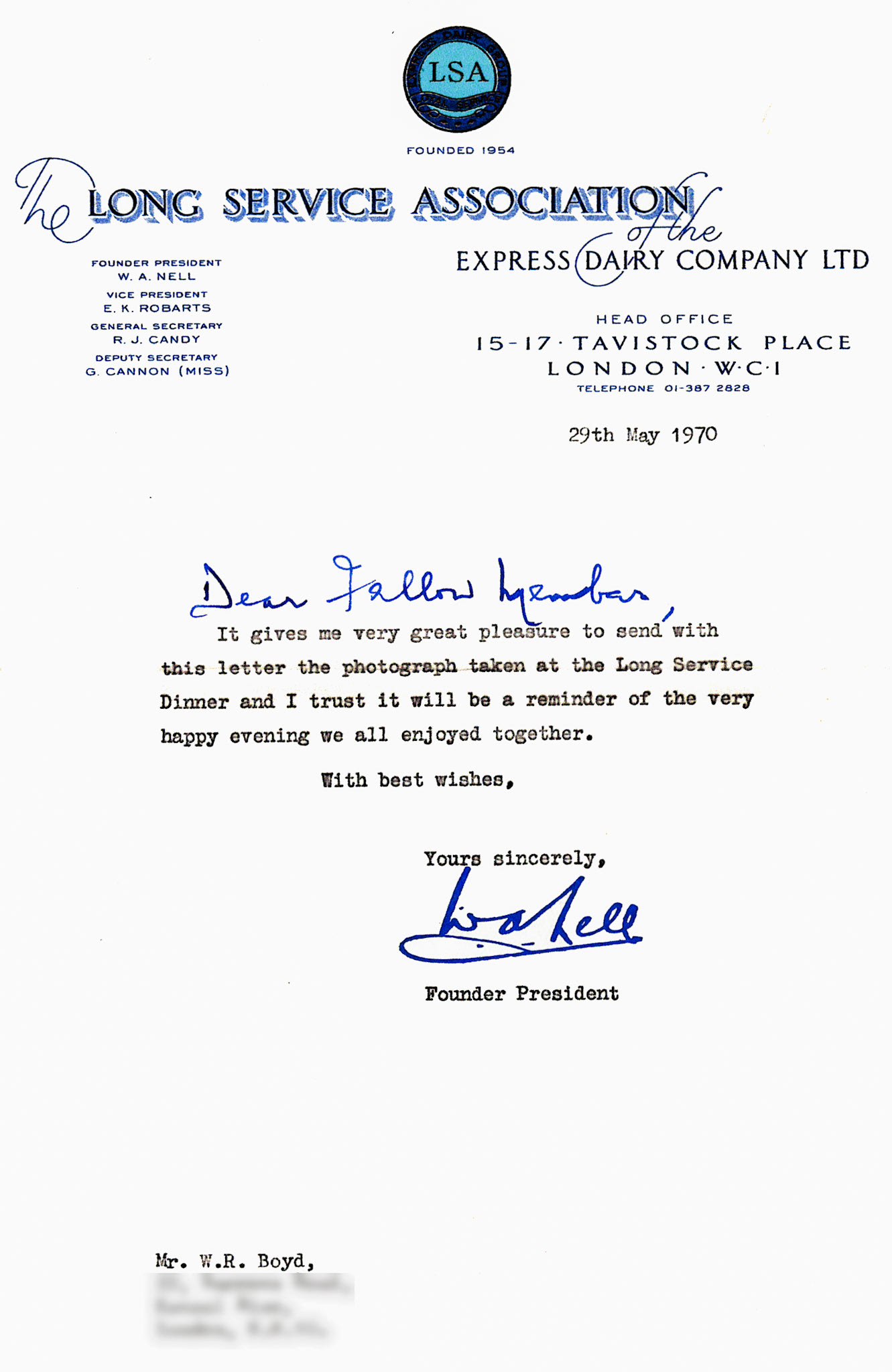 1970 Long service award letter from Walter Nell to Bill Boyd. Phil Boyd comments "My Dad was a bottling hall foreman, he worked at Cricklewood, South Morden, College Farm, Brentford and Ruislip. We lived in Claremont road opposite the dairy" (Courtesy Phil Boyd)