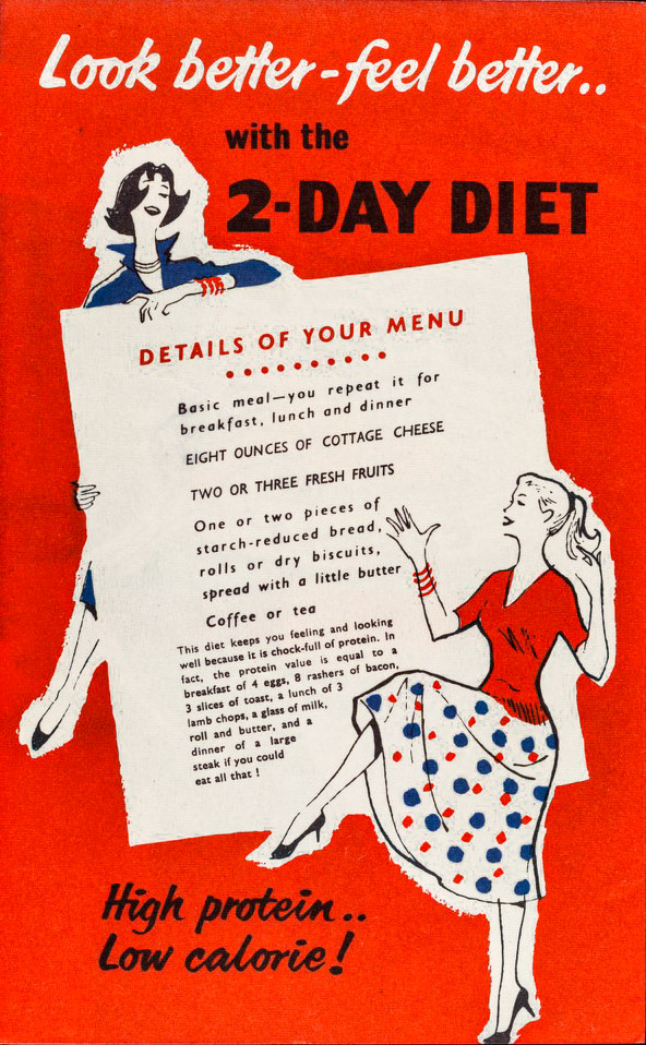 1957 Recipe leaflet introducing and advertising cottage cheese. Printed in black, red and blue on white paper. Front page has a line illustration of a young woman in red slacks and blue and white banded matelot shirt sitting on a tub of Express Cottage Cheese. The recipes are illustrated with humorous cartoons. (Courtesy Wellcome Collection)