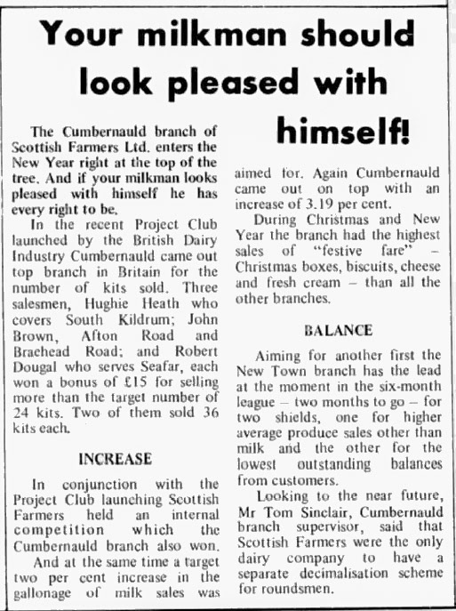 1971 Cumbernauld milkmen achieve sales success. (Courtesy Cumbernauld News - Thursday 07 January)