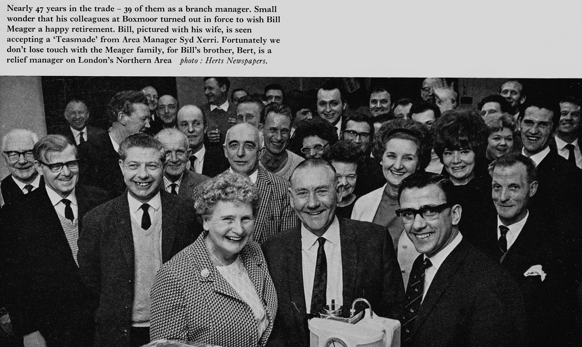 1969 Bill Meager retires from Boxmoor, receiving a 'Teasmade' from a very youthful looking Area Manager-Sid Xerri. Colin Bull comments "The chap on the right, hanky in pocket is Harold Castle. The chap at the back, white collar, I think is Stan Toovy." (Express News Autumn)