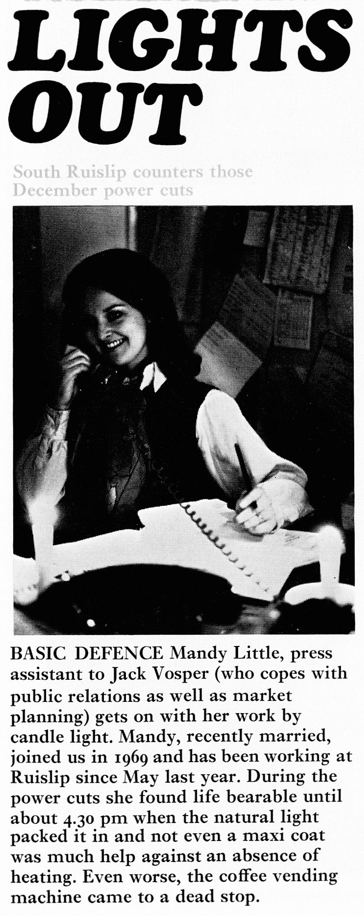 1971 A time of power cuts - Mandy Little works by candle light at South Ruislip