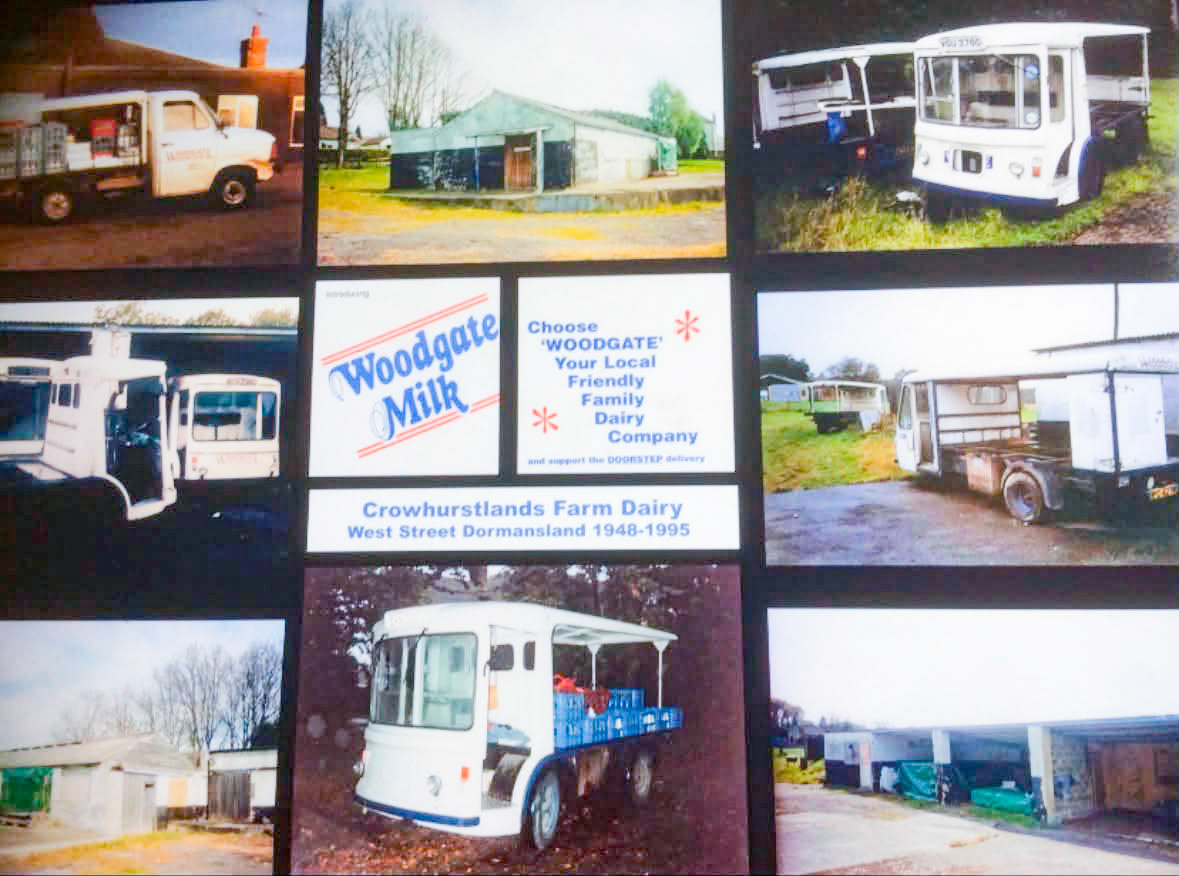 1989-90s Montage of images from Crowhustlands Farm Dairy, Dormansland Richard comments "The floats on the top row, and in the middle on the bottom, are mine on the rounds". (Courtesy Richard Evans)