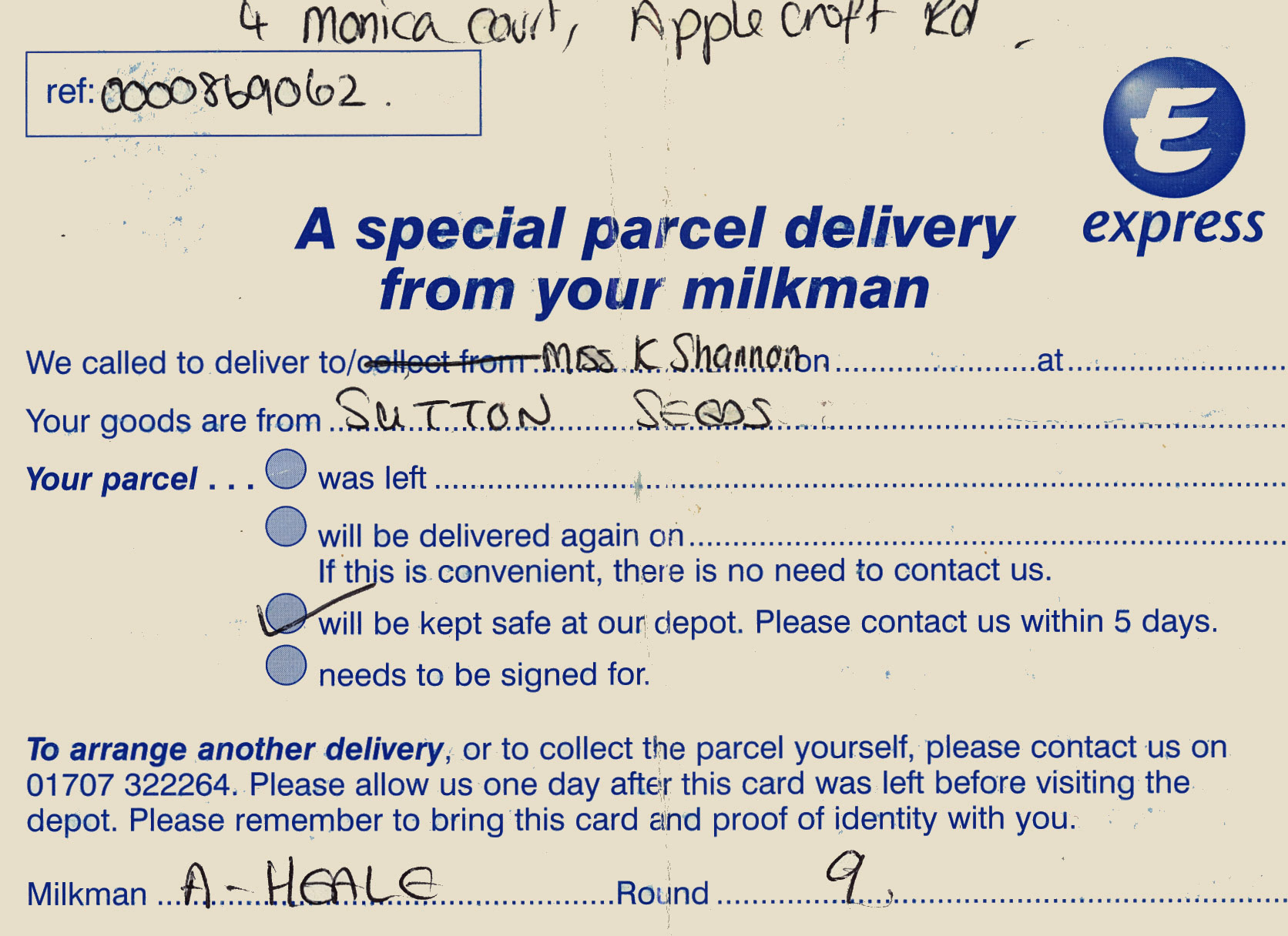 1980's? Milkman's Special Delivery notification with map, Welwyn Depot (Courtesy Michael Aldread)
