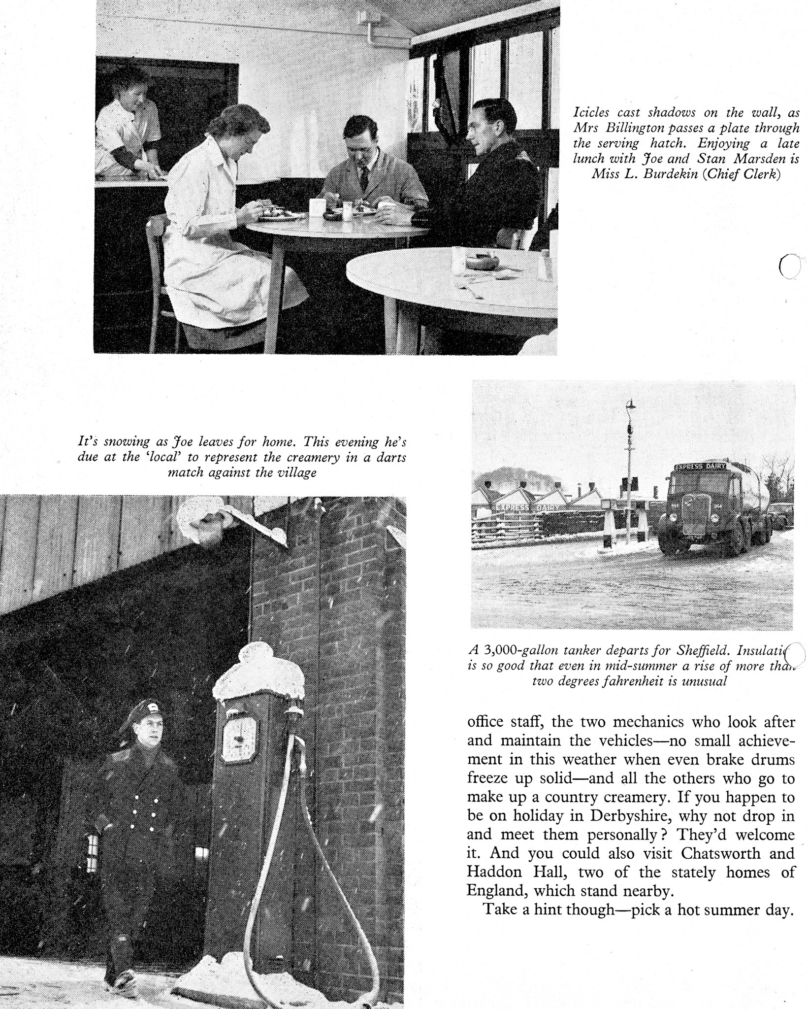 1956 Rowsley milk collection article featuring Canteen Manageress Mrs Billington, Chief Clerk Miss L Burdekin with Joe Dakin and Storekeeper Stan Marsden. (Express News April)