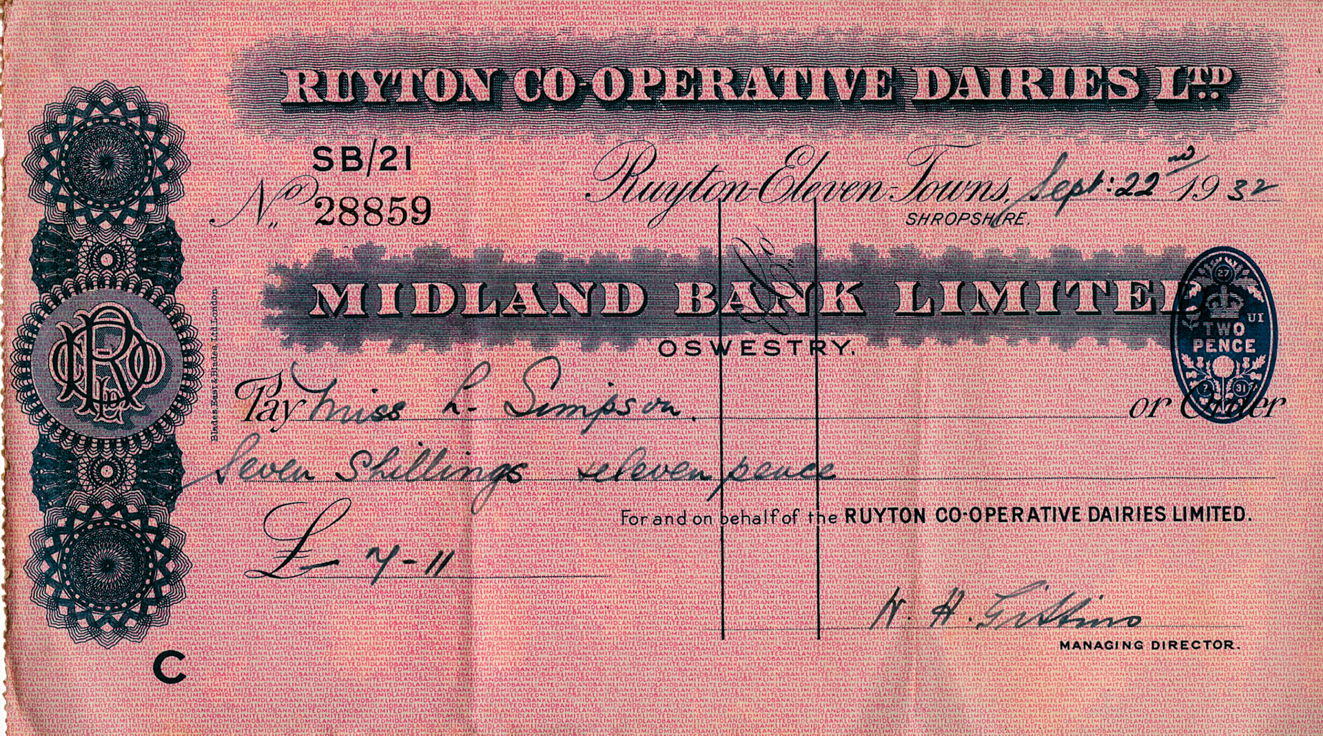 1932 Cheque made out to Miss L. Simpson for 7s-11d on 22nd September 1932, purpose not known