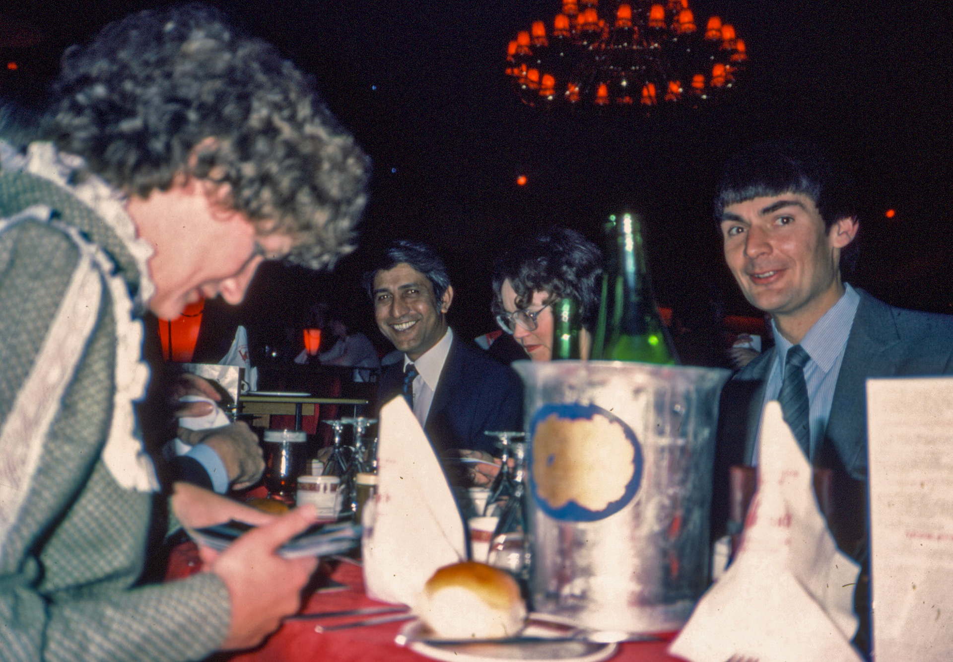 1980 South Morden-Dairy Re-equip staff celebration at Lakeside, Camberley-Jane Roper, Ralph Emerson, Helen Emerson, Peter Roper (Express Dairy Tales collection)