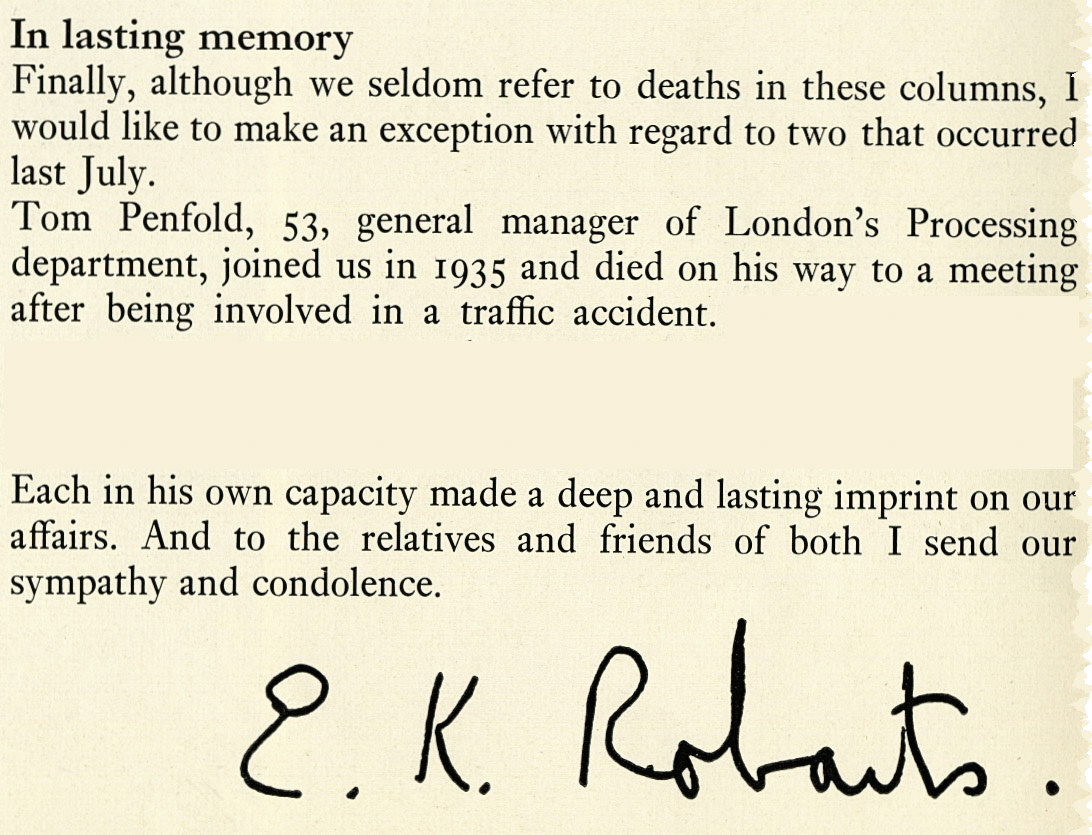 1970 Announcement of the death of Tom Penfold, previously manager of South Morden Processing.