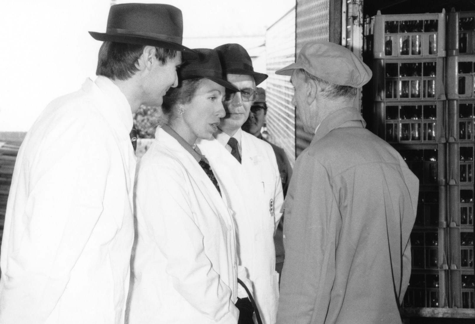 Princess Anne on the unloading bank with Peter Roper and Keith Farrell (Processing Director)