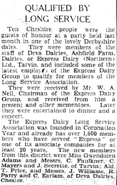 1958 Long Service celebration for staff from Deva Dairies, Ashfield Farm and Tarvin. (Courtesy Chester Chronicle - Saturday 14 June)